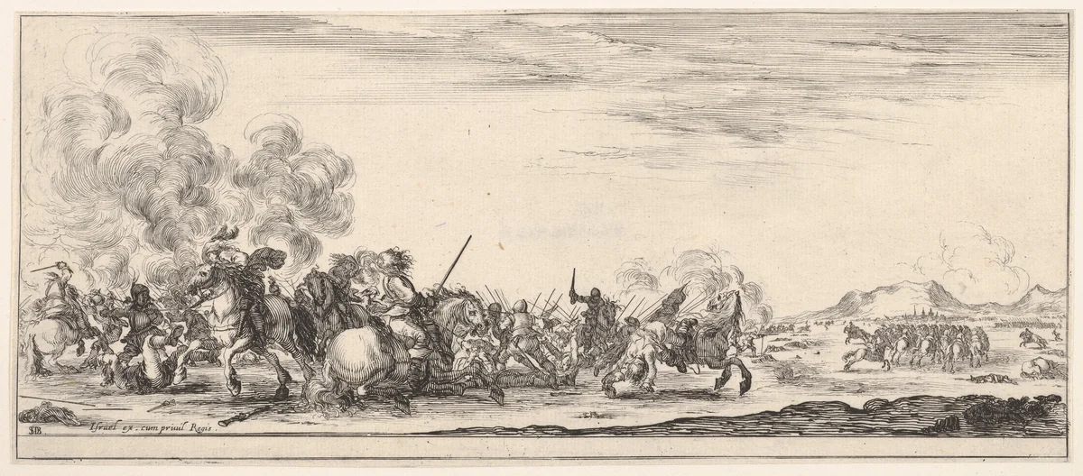 A battle on horseback, from "Peace and War" (Divers desseins tant pour la paix que pour la guerre) by Stefano della Bella, print, 1638-1643