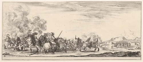 A battle on horseback, from "Peace and War" (Divers desseins tant pour la paix que pour la guerre) by Stefano della Bella, print, 1638-1643