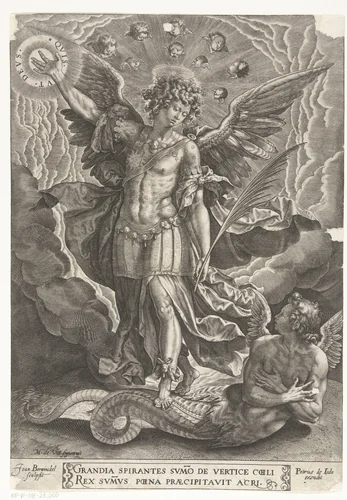 Heilige Michaël verjaagt opstandige engel uit hemel by Unknown, print, 1590-1610