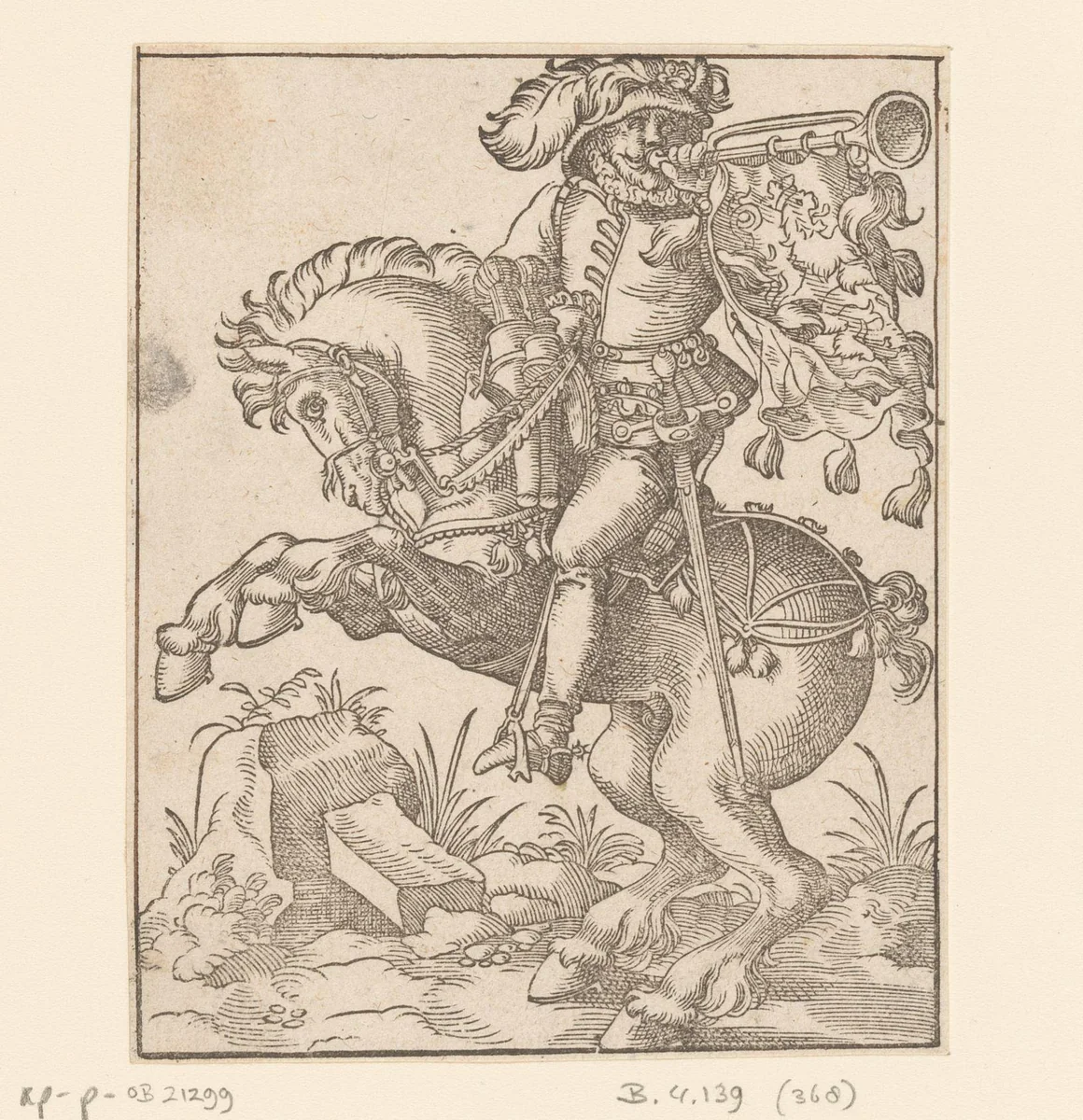 Hoornblazende ruiter by anonymous, print, 1580
