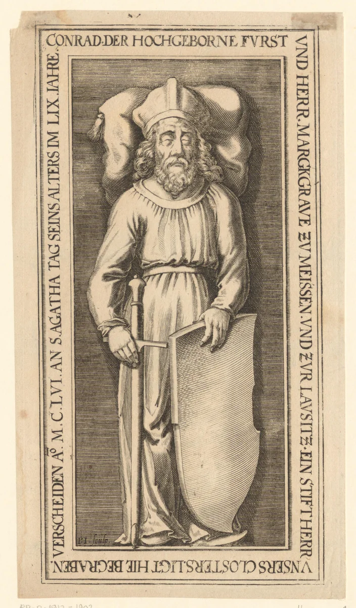 Doodsportret van Konrad Meissen op zijn grafsteen by Unknown, print, 1578-1630