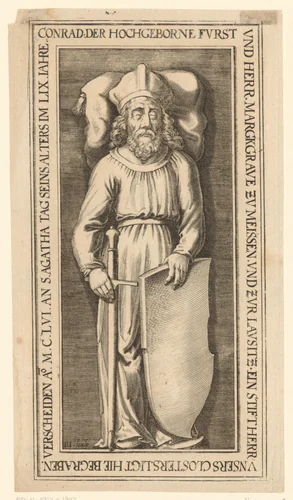 Doodsportret van Konrad Meissen op zijn grafsteen by Unknown, print, 1578-1630