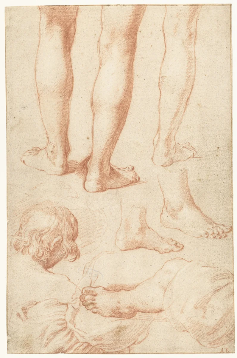 Studieblad met benen en het bovenlichaam van een jongen by Abraham Bloemaert, drawing, 1574-1651