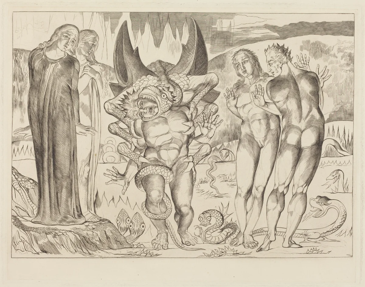 The Circle of the Thieves; Agnolo Brunelleschi Attacked by a Six-Footed Serpent by William Blake, print, 1827