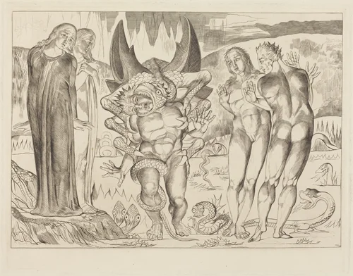 The Circle of the Thieves; Agnolo Brunelleschi Attacked by a Six-Footed Serpent by William Blake, print, 1827