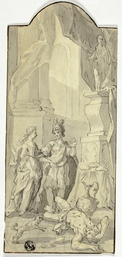 Warrior Conversing with Lady in Banquet, with Dead Man at Their Feet by Unknown Artist, drawing, 1600-1699