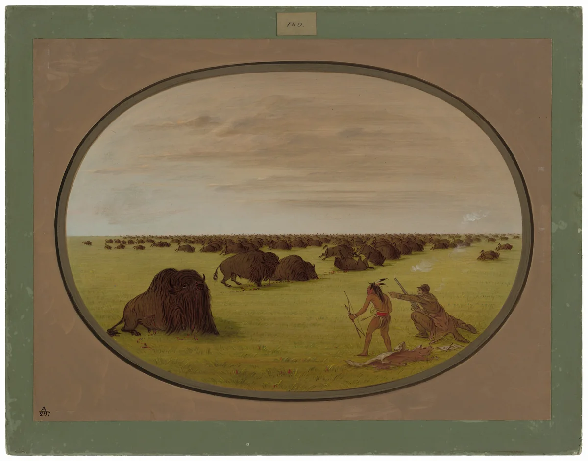 Catlin and Indian Attacking Buffalo by George Catlin, painting, 1861-1869