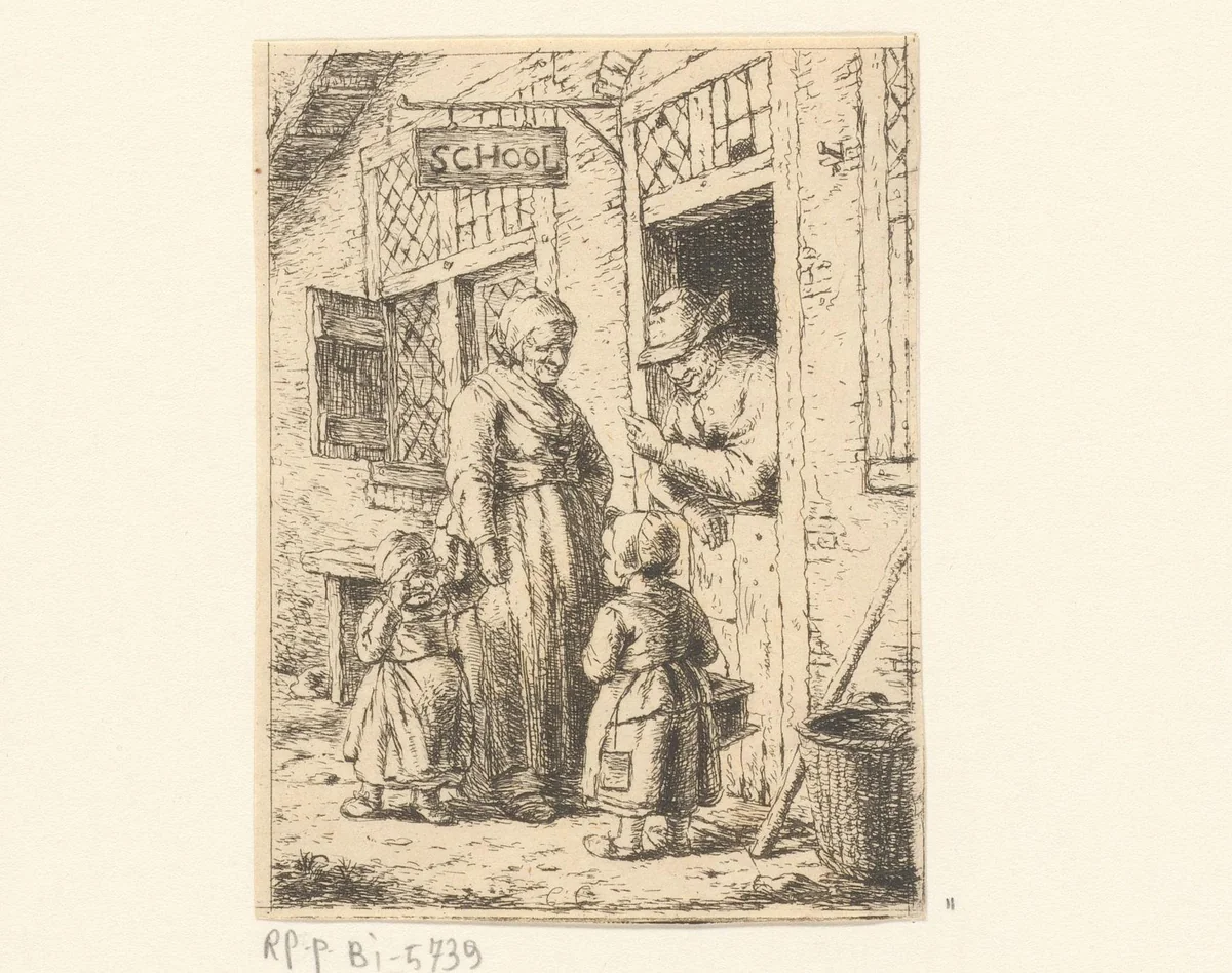 Moeder brengt haar kinderen naar school by Christina Chalon, print, 1758-1808