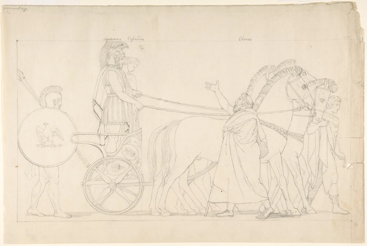 Composition from the "Tragedies of Aeschylus," plate 17 (recto); Goddess statue from "The Suppliants," plate 7 (verso) by John Flaxman, drawing, 1800-1899