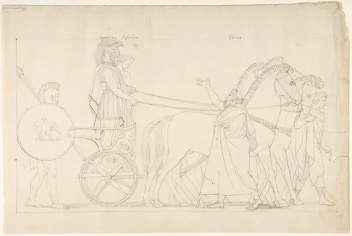 Composition from the "Tragedies of Aeschylus," plate 17 (recto); Goddess statue from "The Suppliants," plate 7 (verso) by John Flaxman, drawing, 1800-1899