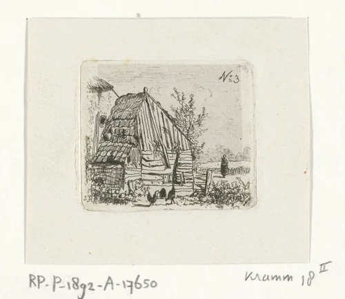 Kippen bij een boerenschuur by Joseph Hartogensis, print, 1837-1865