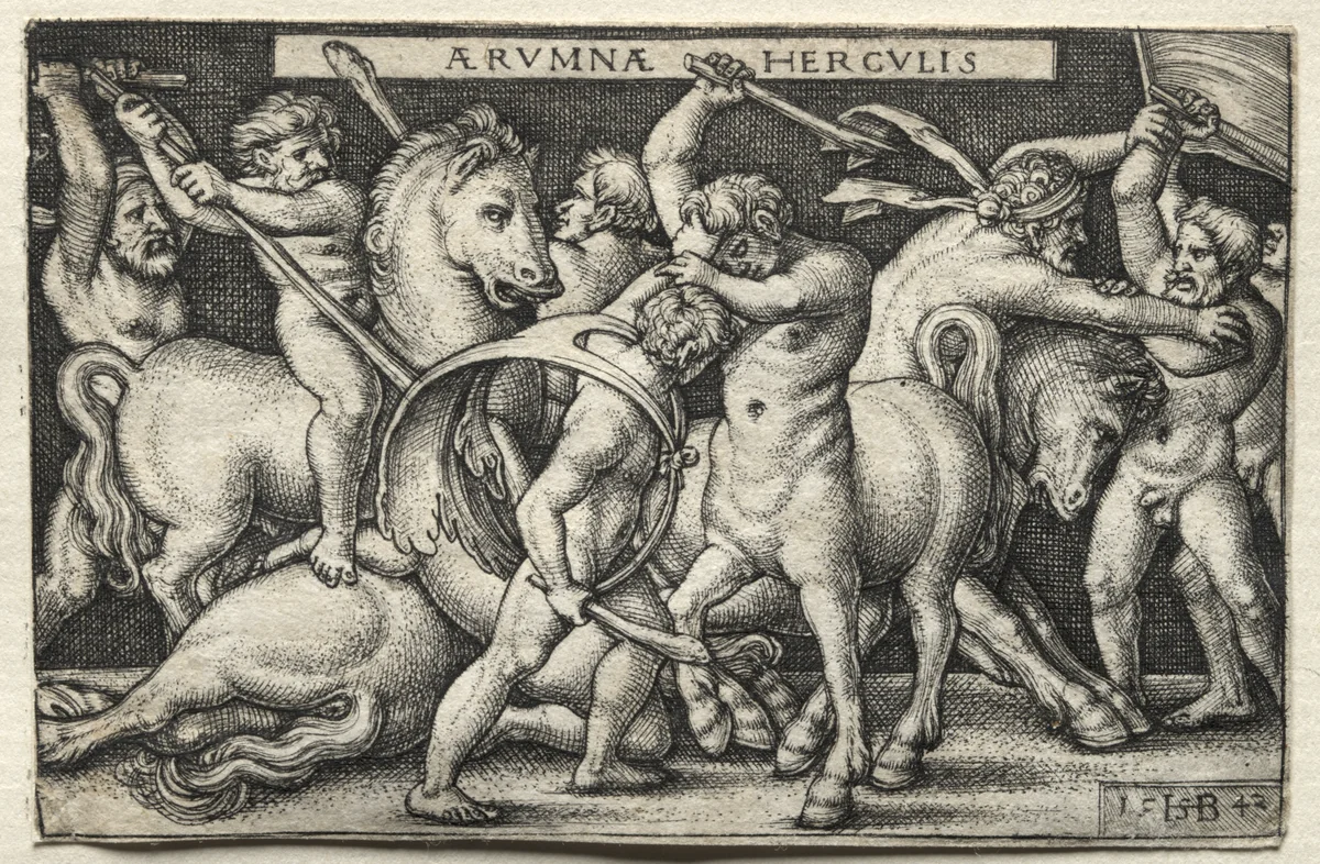 The Labors of Hercules: Hercules Defeating the Centaurs by Hans Sebald Beham, print, 1542