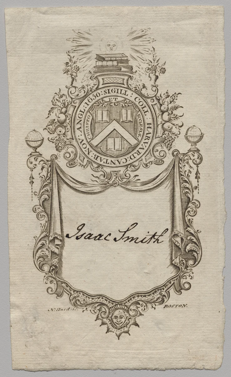 Bookplate: Coat of Arms with Isaac Smith inscribed by Nathaniel Hurd, print