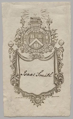 Bookplate: Coat of Arms with Isaac Smith inscribed by Nathaniel Hurd, print