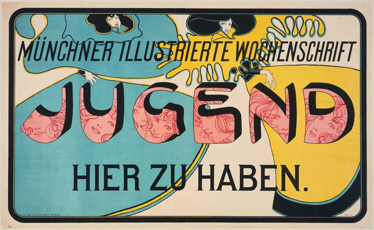 Münchner Illustrierte Wochenschrift, Jugend, Hier Zu Haben (Münich illustrated weekly magazine "Youth" on sale here) by Josef Rudolf Witzel, design, 1896