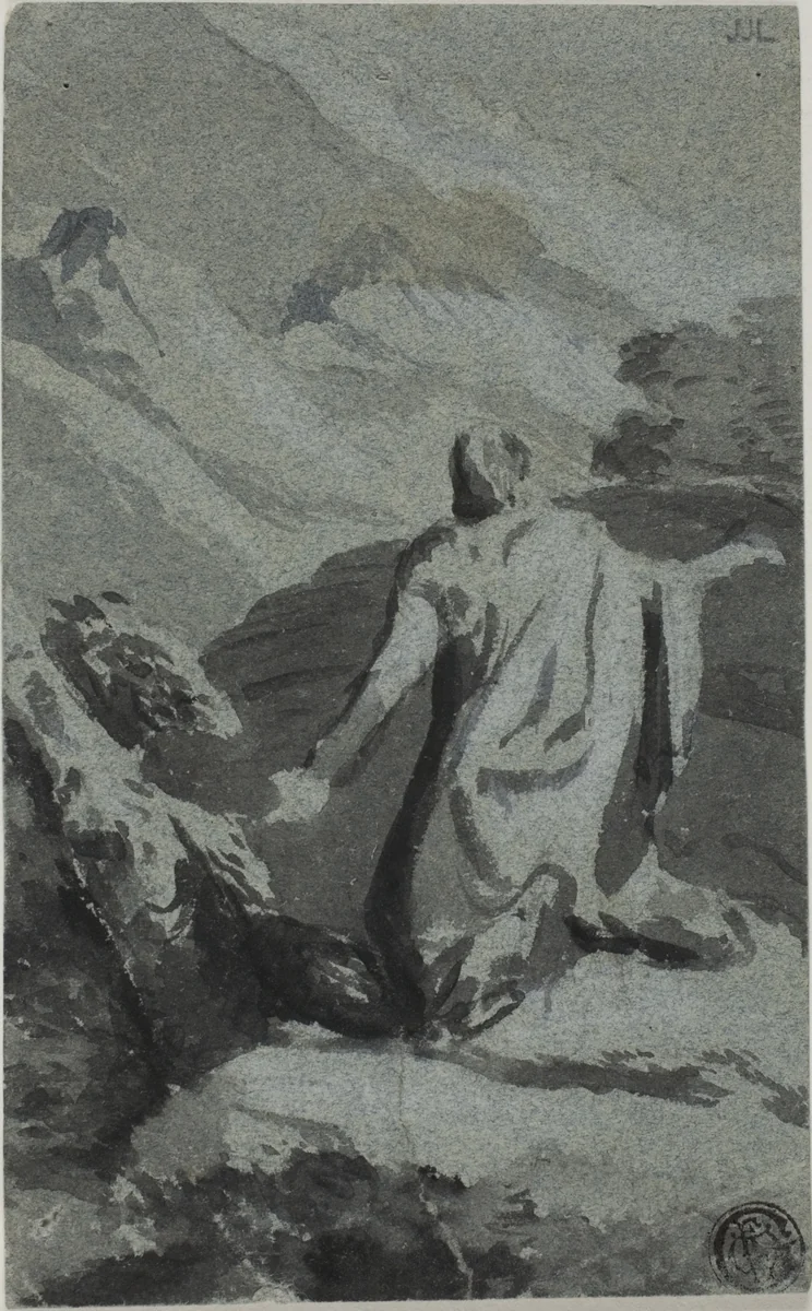 Man Praying in Wilderness by Nicolas Poussin, drawing, 1614-1665