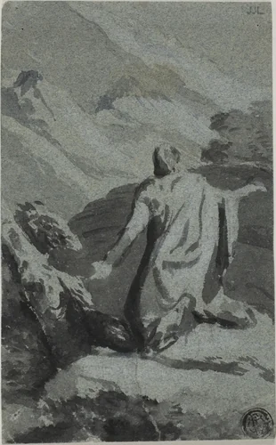 Man Praying in Wilderness by Nicolas Poussin, drawing, 1614-1665
