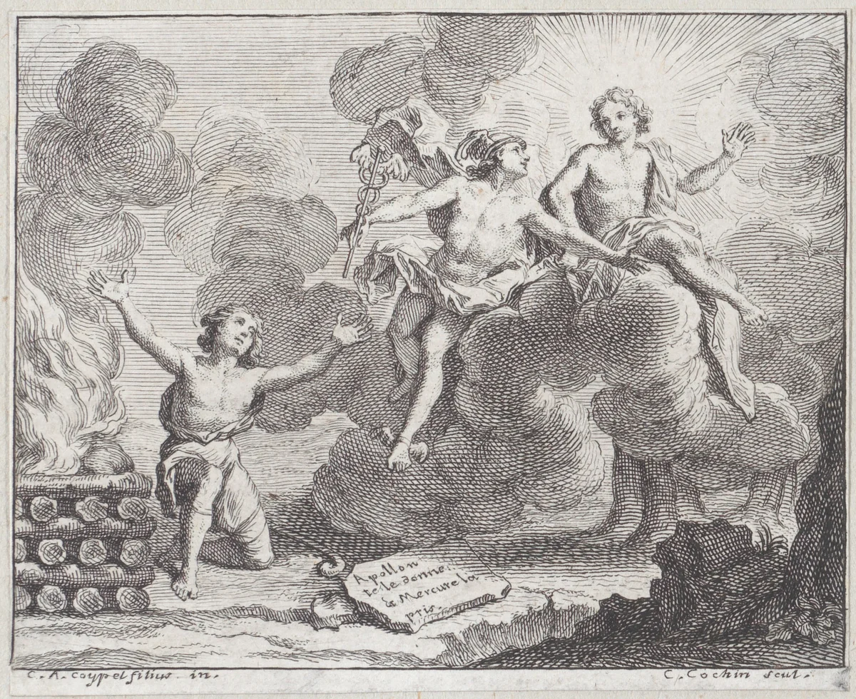 Apollo, Mercury, and the Shepherdesses, Fable X in "Fables Nouvelles" by Charles Nicolas Cochin, print, 1719