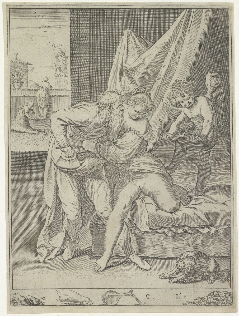 Oude man en een courtisane by Agostino Carracci, print, 1590-1595