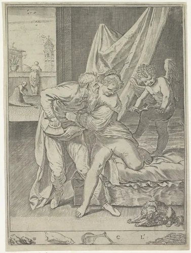 Oude man en een courtisane by Agostino Carracci, print, 1590-1595