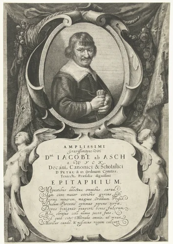 Epitaaf met portret van Jacob van Asch van Wijck by Jan Gerritsz. van Bronckhorst, print, 1645-1661