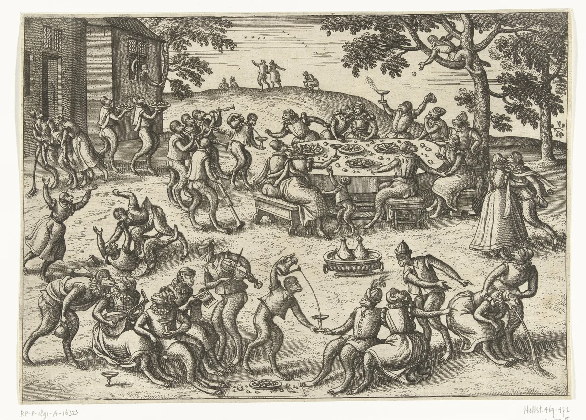 Banket in open lucht by Pieter van der Borcht, print, 1545-1608