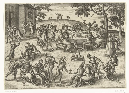 Banket in open lucht by Pieter van der Borcht, print, 1545-1608