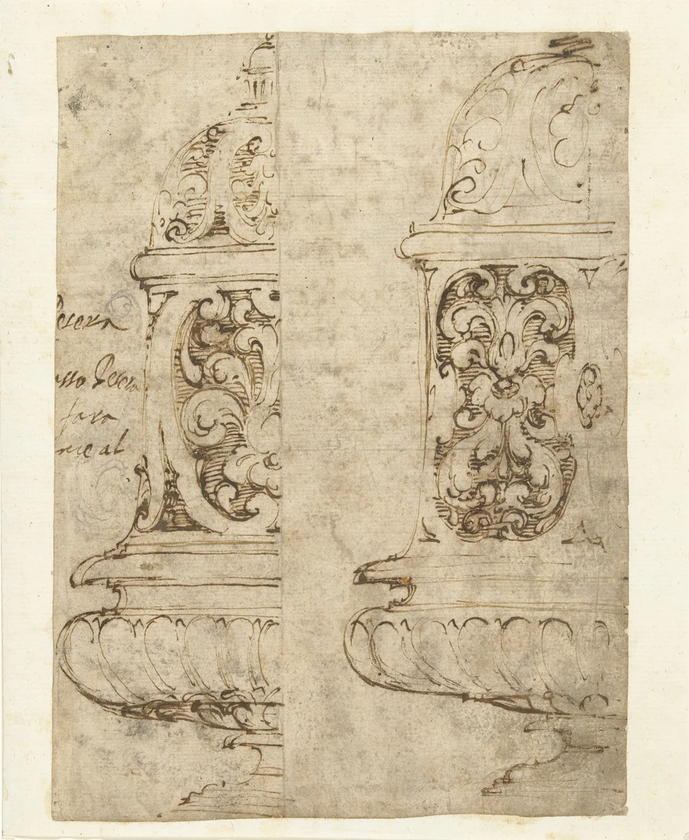 Twee ontwerpen voor een siervaas by anonymous, drawing, 1600-1699