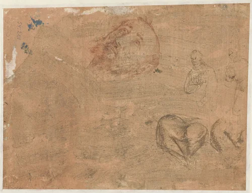 Hoofd van een monnik, twee monniken en benen by Unknown, drawing, 1517-1522