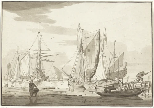 Lossen van aangemeerde schepen by Bernhard Schreuder, print, 1767-1780