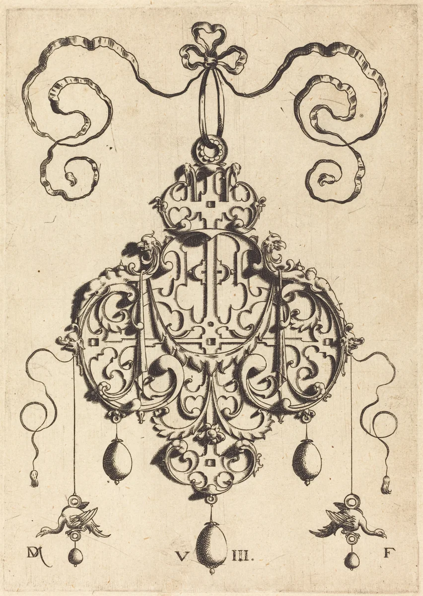 Strapwork Pendant with Two Eagles as Earringsat Left and Right by Daniel Mignot, print, 1516-1653