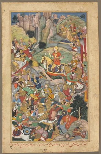 Mughal ruler Humayun defeating the Afghans before reconquering India, folio from an Akbar-nama (Book of Akbar) of Abu’l Fazl (Indian, 1551–1602) by Unknown, painting, 1585-1595