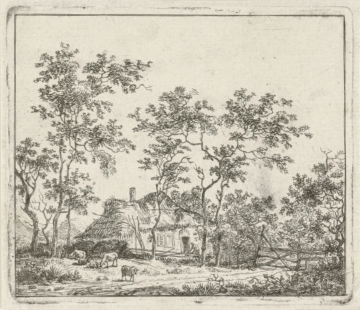 Boerderij met vier schapen by Hermanus Fock, print, 1781-1822