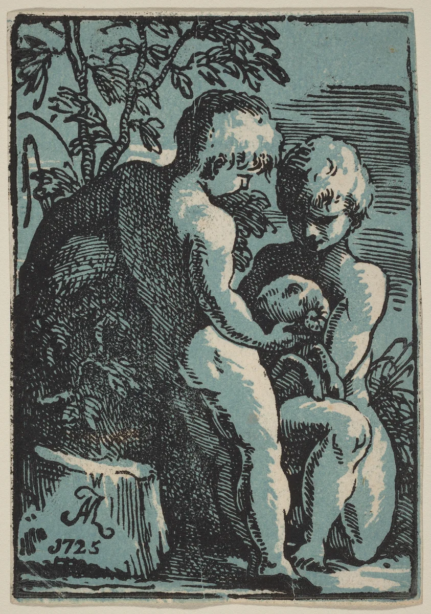 Two Children Petting a Lamb by Anton Maria Zanetti, print, 1725