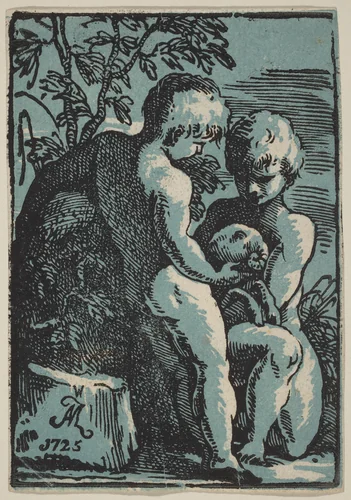 Two Children Petting a Lamb by Anton Maria Zanetti, print, 1725