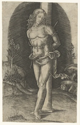 Heilige Sebastiaan vastgebonden aan zuil by Marcantonio Raimondi, print, 1500-1520