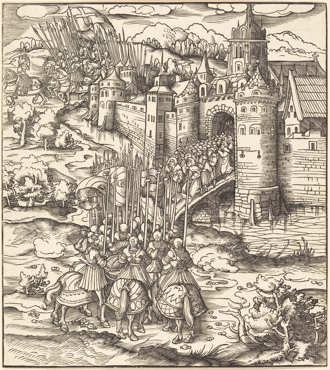 Various Men Kneeling on a Bridge in front of a Town by Leonhard Beck, print, 1514-1516
