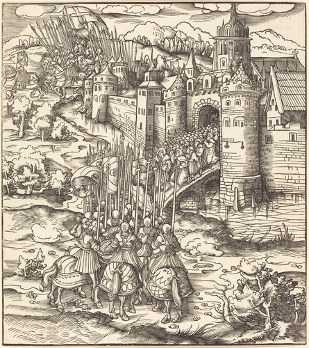 Various Men Kneeling on a Bridge in front of a Town by Leonhard Beck, print, 1514-1516