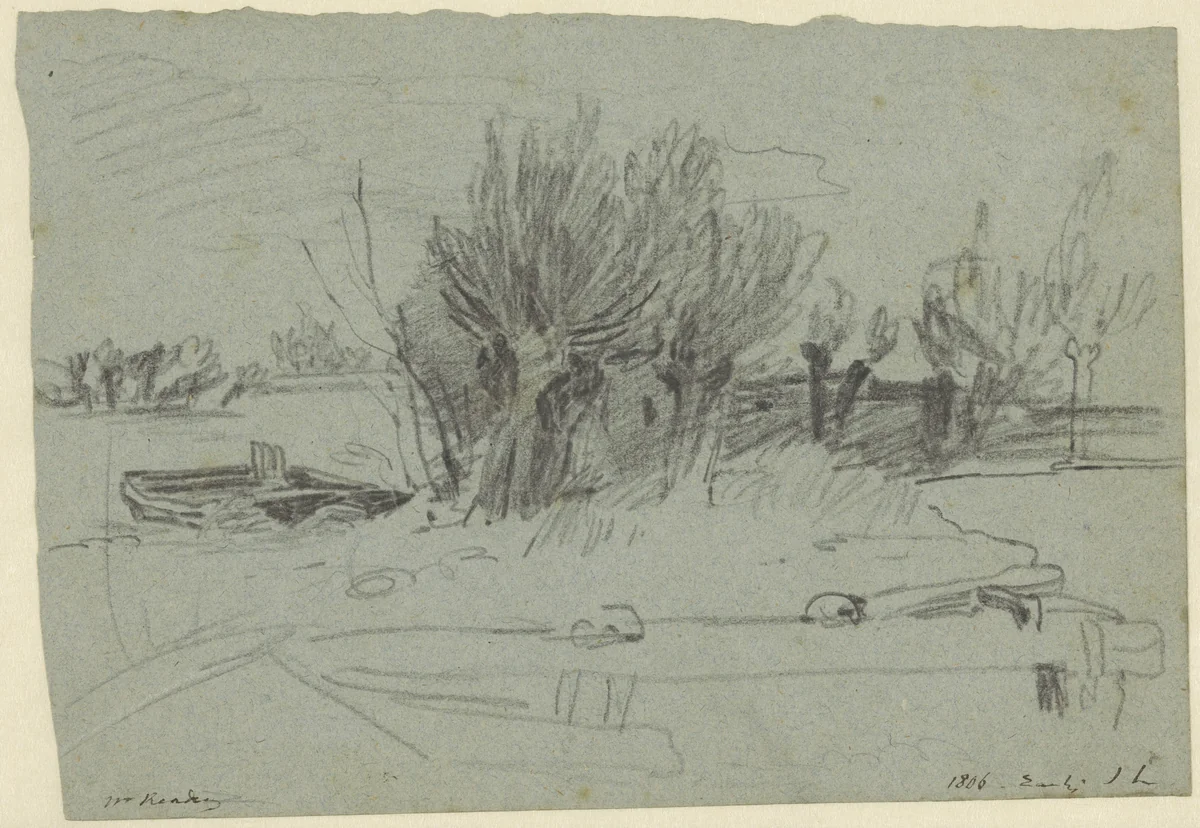 Groep wilgen bij een rivier by John Linnell, drawing, 1806