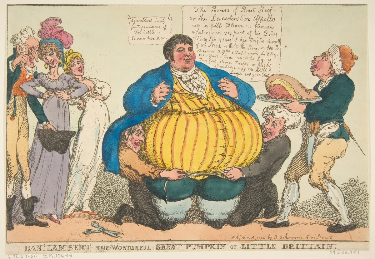 Dan-l. Lambert the Wonderful Great Pumpkin of Little Brittain [sic] by Thomas Rowlandson, print, 1806