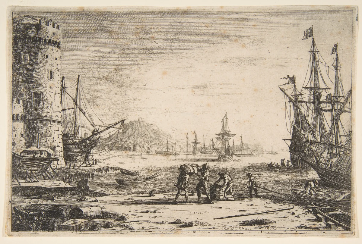 Harbour with a Large Tower by Claude Lorrain, print, 1636-1646