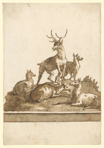 A Stag and Four Hinds on a Grassy Knoll (with Base) by Giovanni Domenico Tiepolo, drawing, 1770-1804