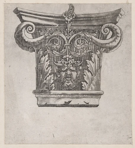 Capital with peapod volutes and satyr head, from "Speculum Romanae Magnificentiae" by Monogrammist G.A. with the Caltrop, print, 1534-1540