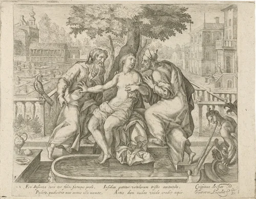 Susanna en de ouderlingen by Unknown, print, 1574-1637