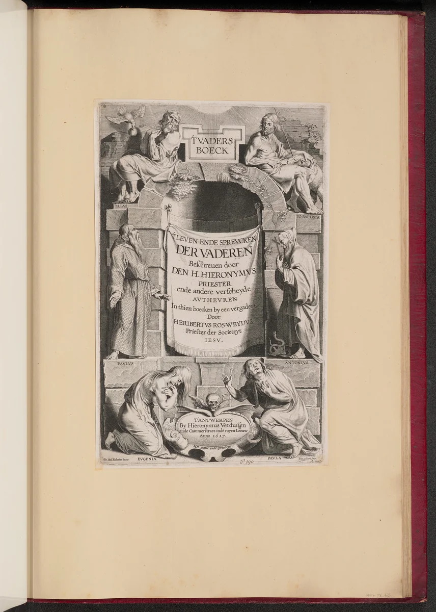 Title Page for Heribert Rosweyde, 'T Vaders Boeck by Jan Collaert
Peter Paul Rubens
Hieronymus Verdussen, print, 1617