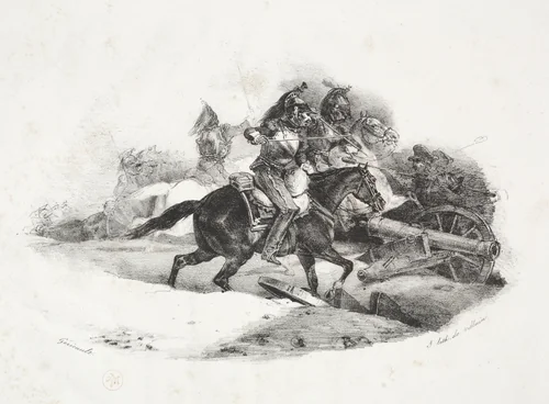 Cuirassiers Charging an Artillery Battery by Théodore Géricault, print, 1823