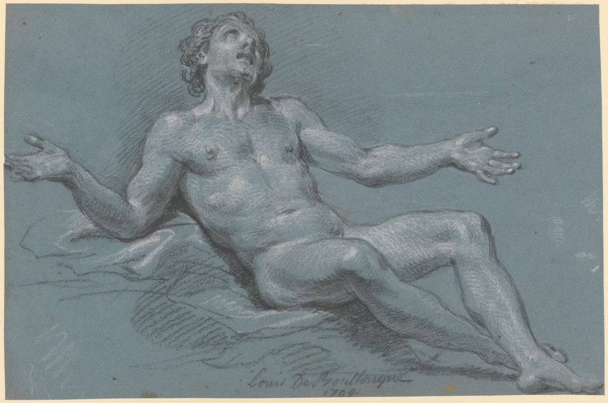 Seated Male Nude by Louis de Boullogne, drawing, 1704