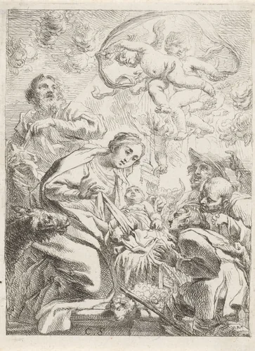 Aanbidding door de herders by Cornelis Schut, print, 1618-1655