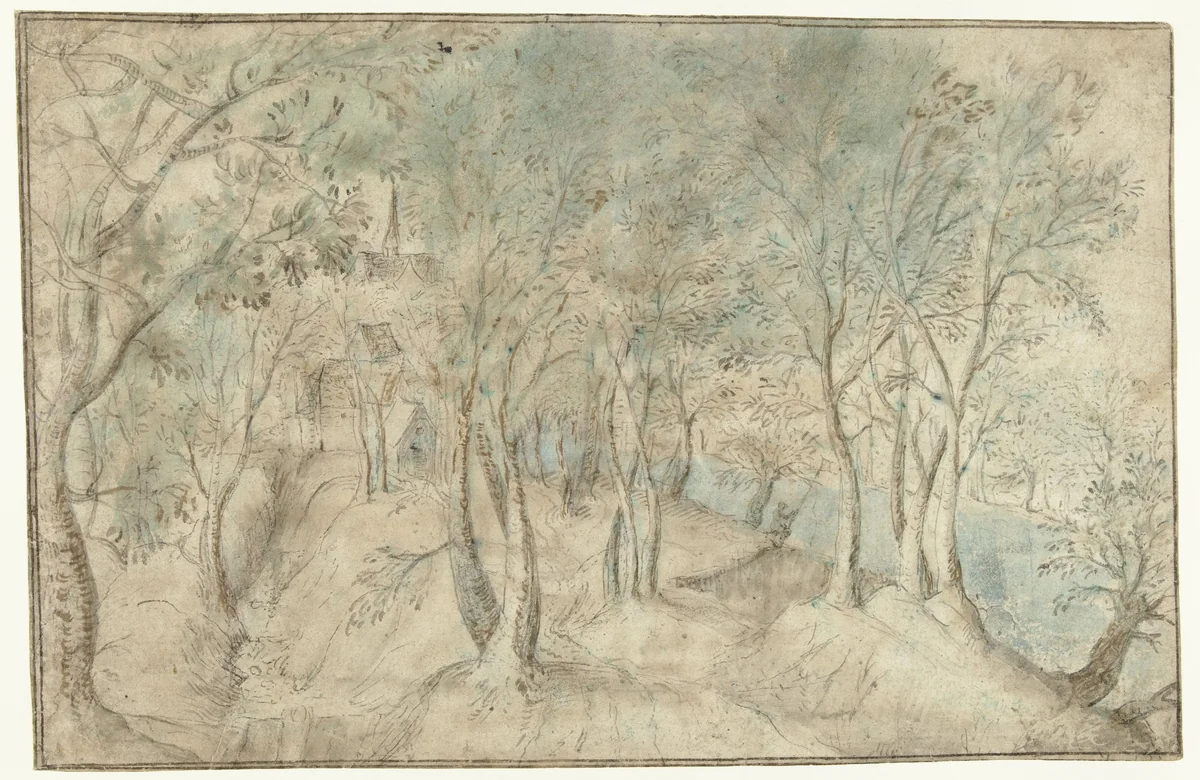 Gezicht op een dorp bij een rivier by Hendrick Gijsmans, drawing, 1570-1591