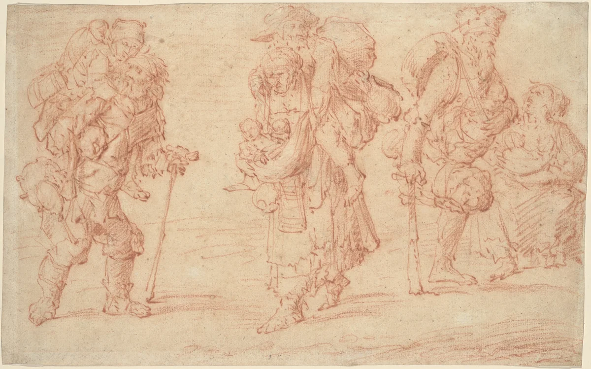 Three Pairs of Beggars with Babies by Jacob Weyer, drawing, 1660-1669
